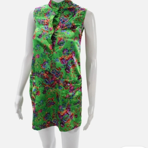 Vintage Tops - Vintage 1980s Bright Green Floral Sleeveless Blouse